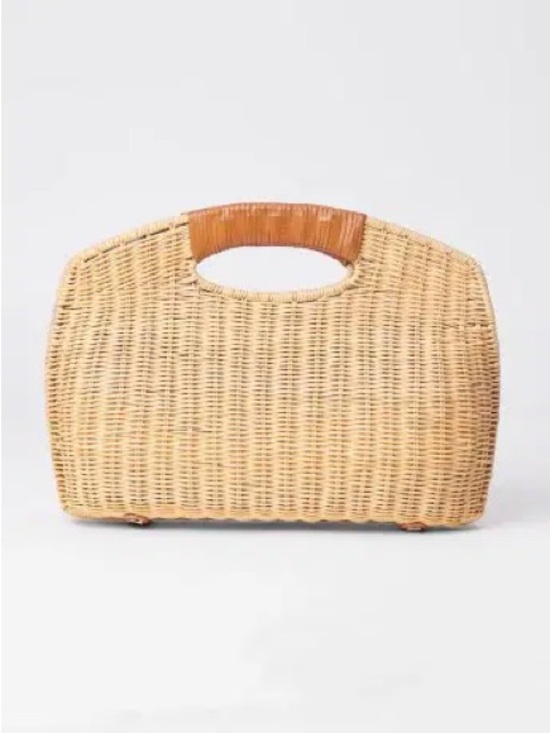 J Mclaughlin Handbags - J. McLaughlin Woven Wicker Rattan Handbag Leather Handles Striped Lining